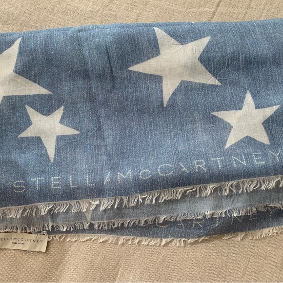 STELLA MCCARTNEY Blue Silk Scarf, Star ⭐️ Motif with Fringe Ends - Picture 4 of 14